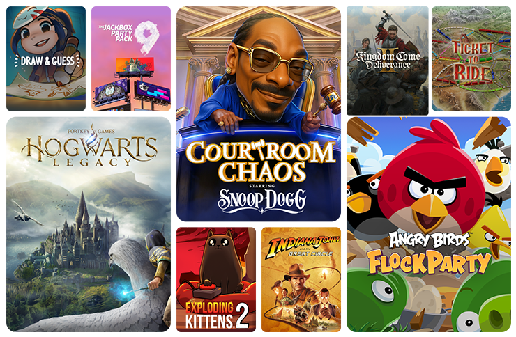 A collection of video game and entertainment thumbnails featuring Hogwarts Legacy, Angry Birds, Snoop Dogg's Courtroom Chaos, Indiana Jones, and other popular game titles arranged in a grid layout.